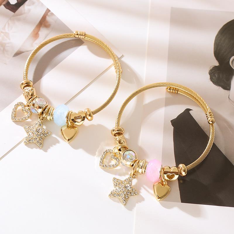 ブレスレット メンズ レディース バングル ステンレス 合金 ジルコニア ハート 星 スター ペンダント 腕輪 アクセサリー サイズ調整 カジュアル 通勤 普段使い オフィス おしゃれ かわいい ピンク ブルー 秋冬 華奢 ジュエリー