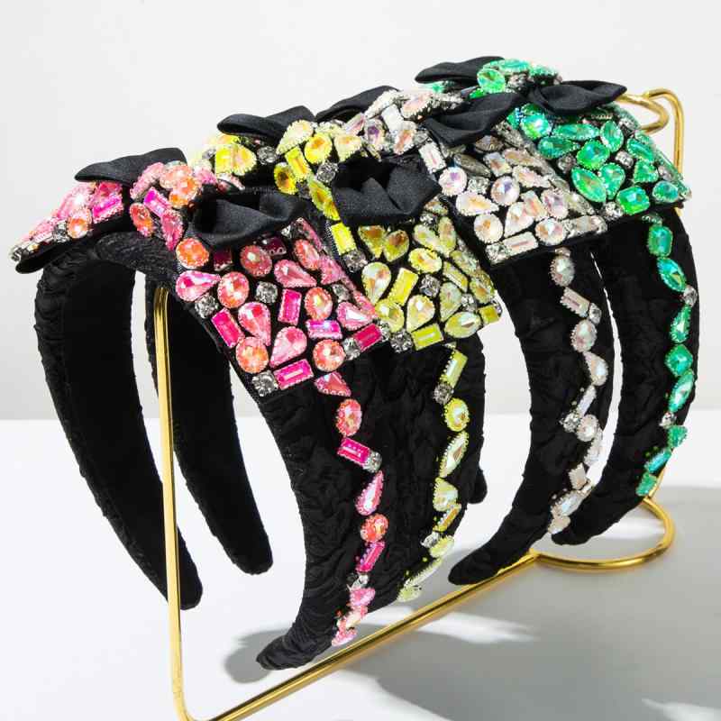 カチューシャ レディース リボン ラインストーン クリスタル ビジュー キラキラ 華やか 欧米風 高見え ボリューム ファブリック 小顔 ヘアアクセサリー パーティー 結婚式 イベント ローズ イエロー グリーン 秋冬