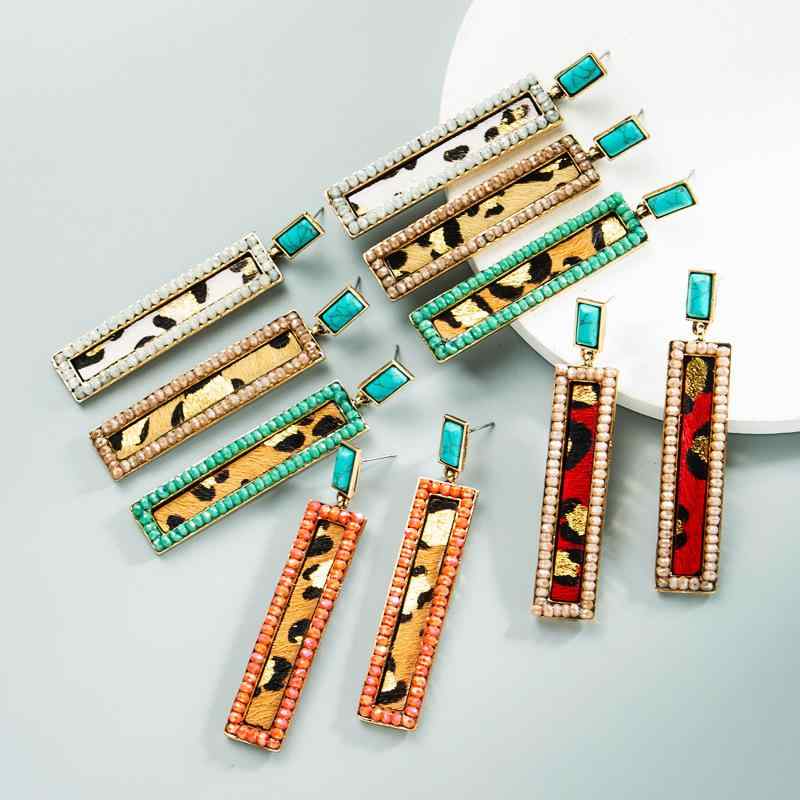 ピアス レディース レトロ 大ぶり 幾何学 長方形 スクエア ターコイズ ヒョウ柄 レオパード レザー調 合金 トルコ石 ヴィンテージ風風 存在感 揺れる グリーン 普段使い パーティー 二次会 高級感 おしゃれ かわいい