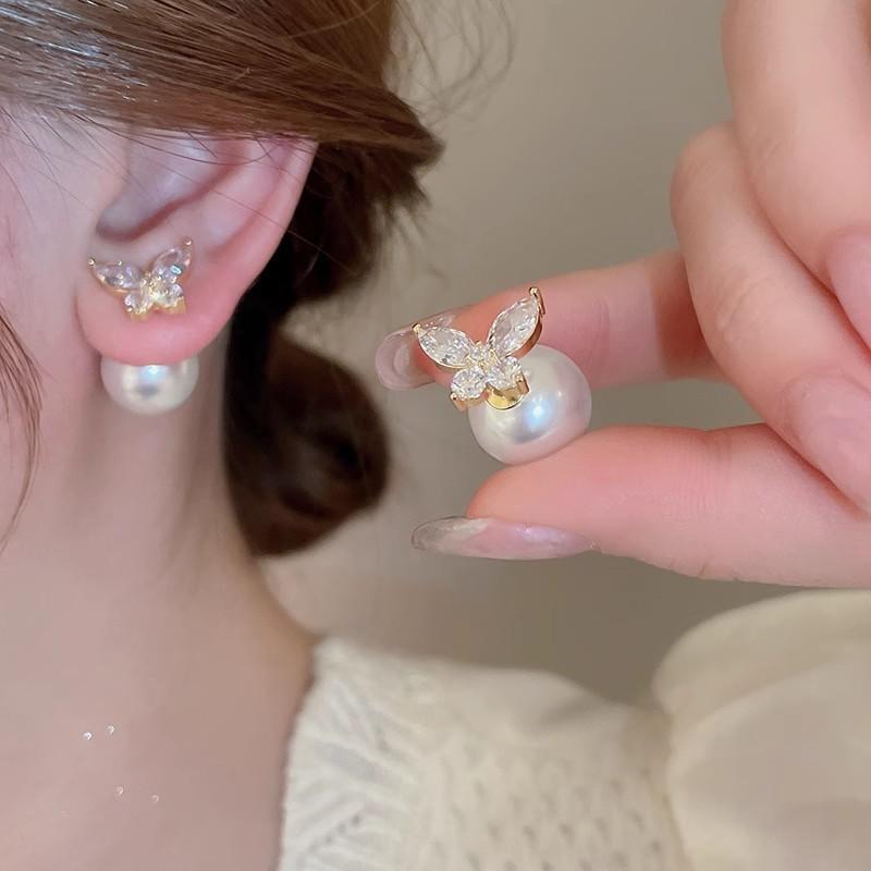 Chromium - ピアス レディース 蝶 バタフライ パール ジルコニア 高級感 ダブルフェイス アクセサリー 華やか 通勤 ライトラグジュアリー 幾何学モチーフ 電気メッキ加工 合金 シルバー925 普段使い 結婚式 パーティー 揺れる