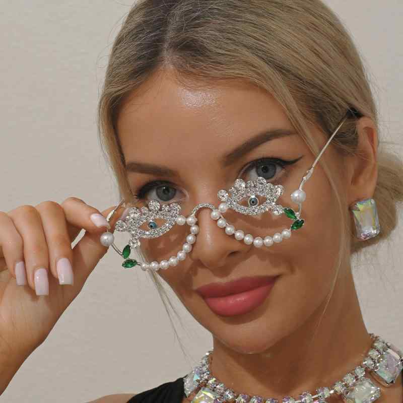 眼鏡フレーム メンズ レディース アイウェア スター ラインストーン ビジュー タッセル メタル 素材 オーバル 楕円 個性的 変形 おしゃれ かわいい 春夏 通勤 普段使い 撮影用 ストリート シルバー ゴールド 高級感 アクセサリー ファッション 装