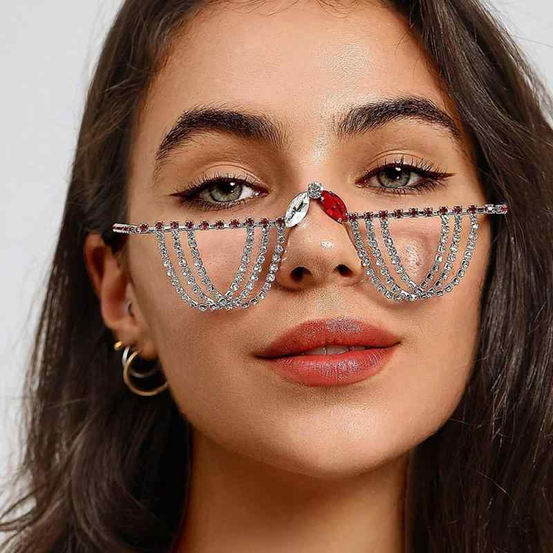 眼鏡フレーム レディース ラインストーン フリンジ タッセル レンズなし 伊達メガネ パンク風 ストリー..