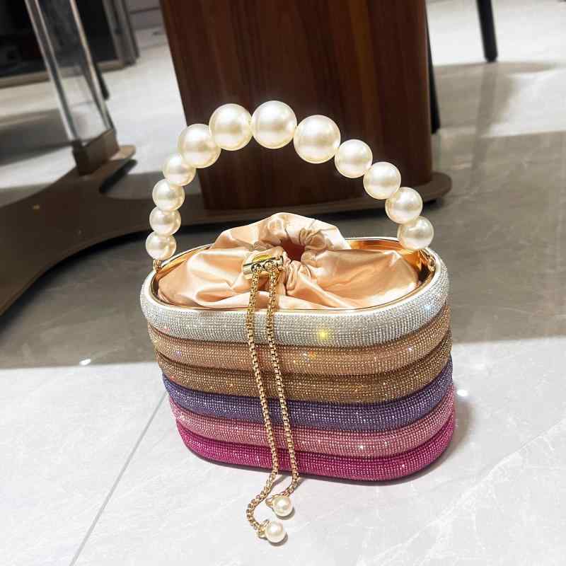 ハンドバッグ レディース 鞄 ショルダー パーティー バケツ型 ラインストーン パール ビジュー キラキラ チェーン 2way 結婚式 二次会 普段使い 高級感 コンパクト シルバー ピンク グリーン 春夏