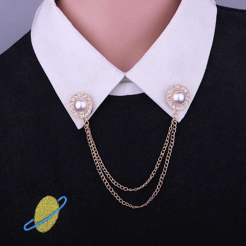 ブローチ レディース ラペルピン チェーン 襟飾り 英国風 高級感 上品 エレガント ジルコニア パール パール ビジュー 電気メッキ加工 シャツ ブラウス 秋冬 アクセサリー 結婚式 パーティー 通勤 金 銀