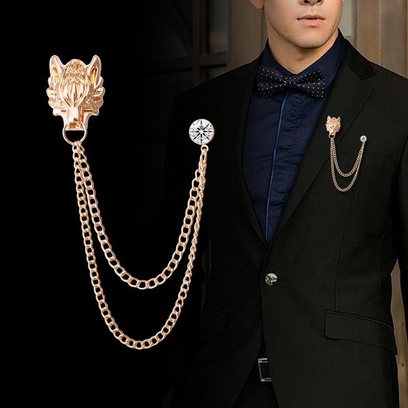 ブローチ メンズ ウルフ 狼 アニマル モチーフ タッセル チェーン フリンジ レトロ アンティーク調 ヴ..
