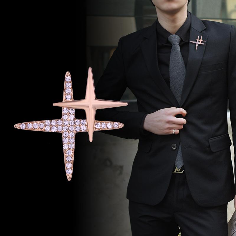 ブローチ メンズ ピンバッジ ラペル飾り 十字星 スター キラキラ ジルコニア 電気メッキ加工 高級感 韓国 シンプル ジャケット スーツ コート ジュエリー 秋冬 通勤 フォーマル パーティー ゴールド シルバー
