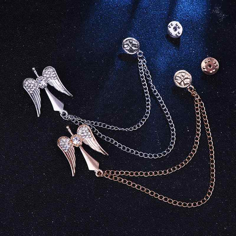 ブローチ メンズ 天使の羽 フリンジ チェーン ラインストーン ラペルピン バッジ アクセサリー スーツ ..