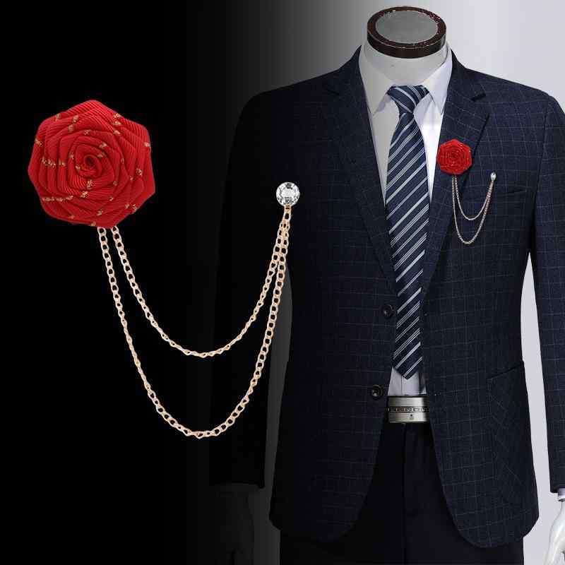 ブローチ メンズ レディース 薔薇 バラ ミックスカラー 韓国 ラペルピン チェーン タッセル ジルコニア スーツ ハンドメイド 布製 リボン 結婚式 パーティー フォーマル 高級感 レッド ブルー ブラック 秋冬 コサージュ