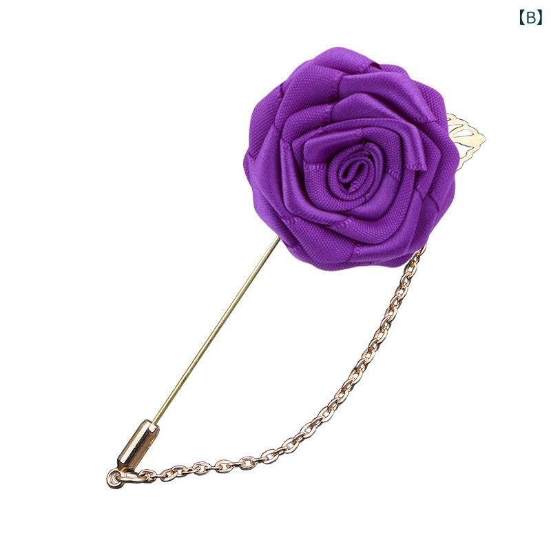 ブローチ メンズ レディース コサージュ ブートニエール 薔薇 ローズ 立体 布製 ファブリック ゴールドチェーン リーフ 高級感 スーツアクセサリー ラペルピン 胸元 結婚式 披露宴 パーティー ブラック レッド ネイビー