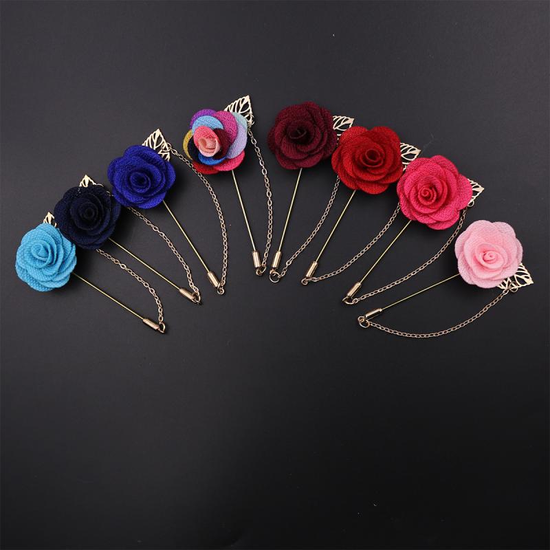 ブローチ メンズ レディース 結婚式 披露宴 ビジネス コサージュ ラペルピン 薔薇 ローズ カメリア 花モチーフ ロングピン チェーン タッセル 布製 合金 電気メッキ加工 高級感 韓国 アクセサリー 白 赤 青