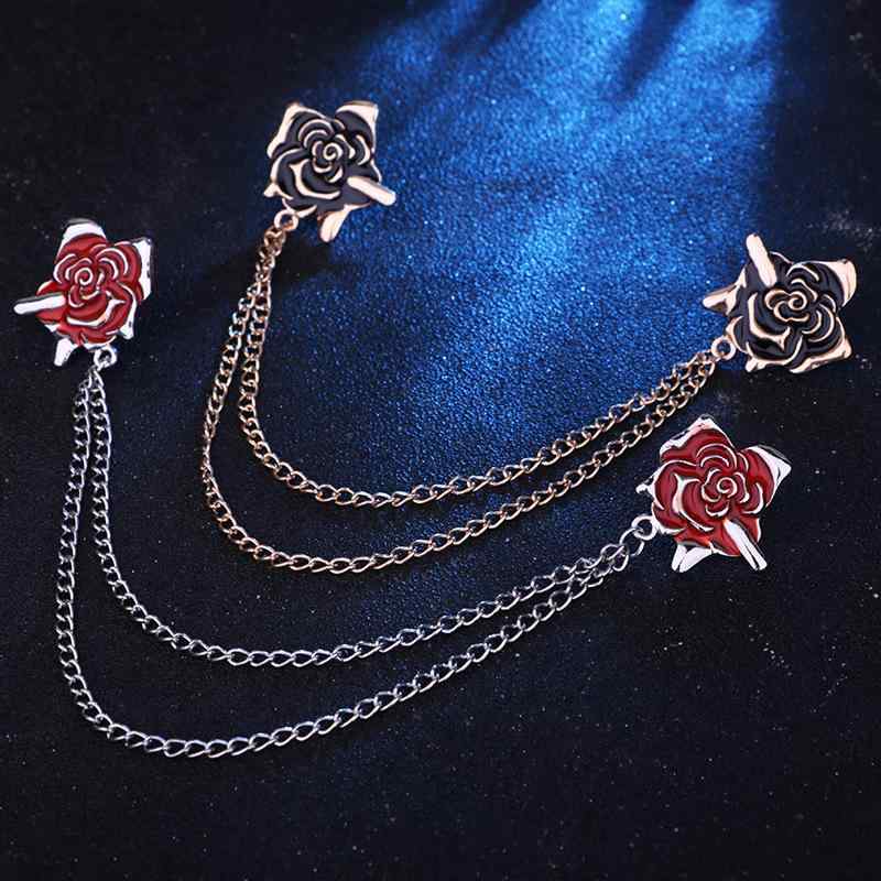 襟ピン メンズ レディース 薔薇 バラ ローズ チェーン ブローチ シャツ 欧米風 スタイリッシュ ファッ..