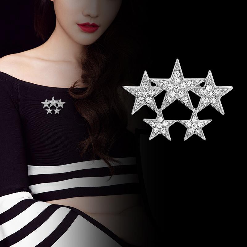ブローチ メンズ レディース 星 スター 五連 ジルコニア ラインストーン 上品な輝き 高級感 電気メッキ加工 合金 韓国 ファッション アクセサリー 胸飾り ゴールド シルバー フォーマル カジュアル パーティー