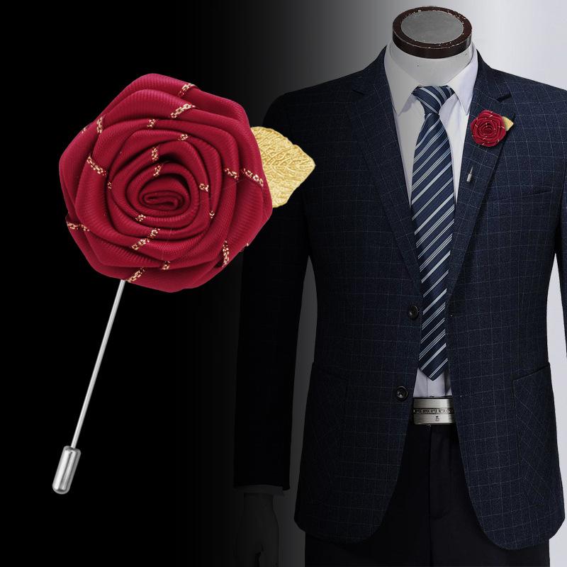 ブローチ メンズ レディース コサージュ 薔薇 バラ ローズ ラペルピン スーツ 襟元 飾り アクセサリー ゴールドリーフ 金色の葉 布製 フラワー 大ぶり フォーマル 結婚式 パーティー 披露宴 華やか レッド ネイビー ブラック