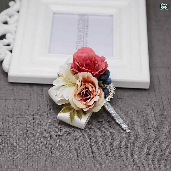 ・素材: 布・製法: ハンドメイド・スタイル: 韓国・カラー展開: レトロレッド（コサージュ）、ライトピンク（コサージュ）、ディープピンク（コサージュ）、パープル（コサージュ）、ホワイトグリーン（コサージュ）、レトロレッド（リストブーケ）、ライトピンク（リストブーケ）、ディープピンク（リストブーケ）、ホワイトグリーン（リストブーケ）・用途・使用シーン: 結婚式、ウェディング、ギフト、クリスマス、バレンタインデー、父の日、母の日、七夕、ハロウィン、出産祝い、卒業式、パーティー