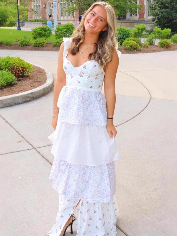 ワンピース レディース ロング丈 春夏 リゾート ビーチ 普段使い 花柄 ティアード 深Vネック 背中あき カットアウト フリル ハイウエスト ノースリーブ キャミソール ポリエステル 伸縮性 ポケット かわいい