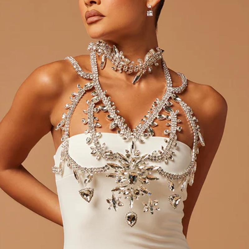 ボディチェーン レディース チェストチェーン ブラチェーン アクセサリー ラインストーン キラキラ ビジュー 幾何学 セクシー ゴージャス 高級感 シルバー ゴールド 水着 ダンス ステージ衣装 銅合金 電気メッキ加工