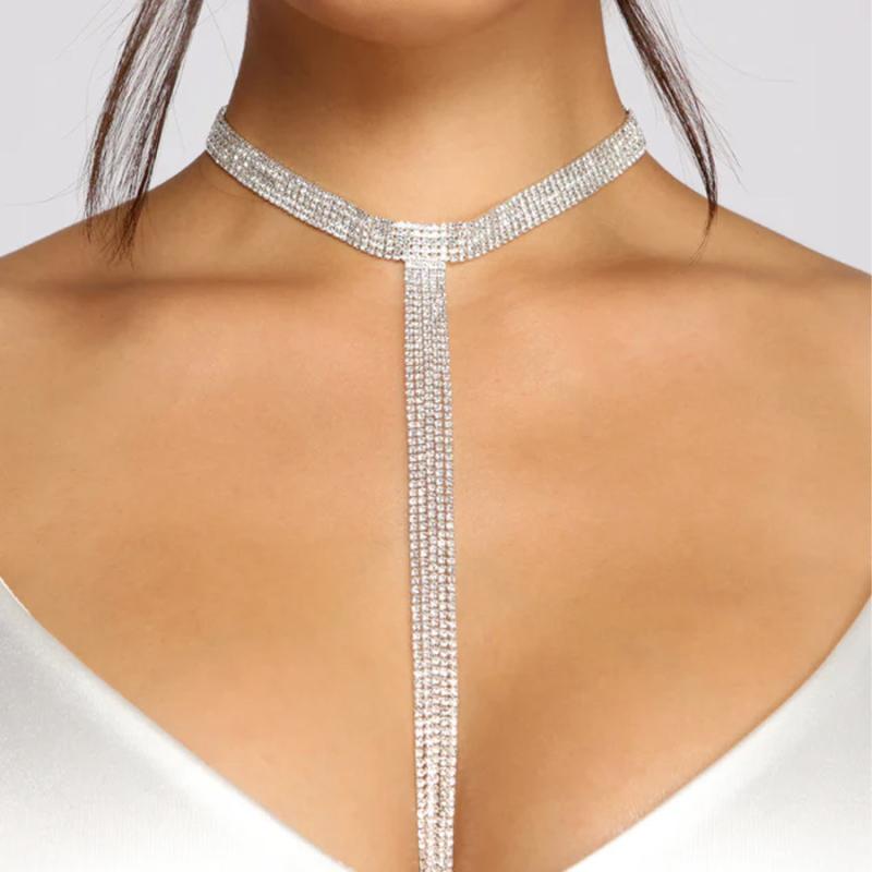 ネックレス レディース ロング 首飾り チョーカー ラインストーン ジルコニア 電気メッキ加工 多層 幾何学 フリンジ タッセル シルバー ゴールド ガンブラック 個性的 華やか ゴージャス 秋冬 パーティー 結婚式 普段使い キラキラ エレガント 上品