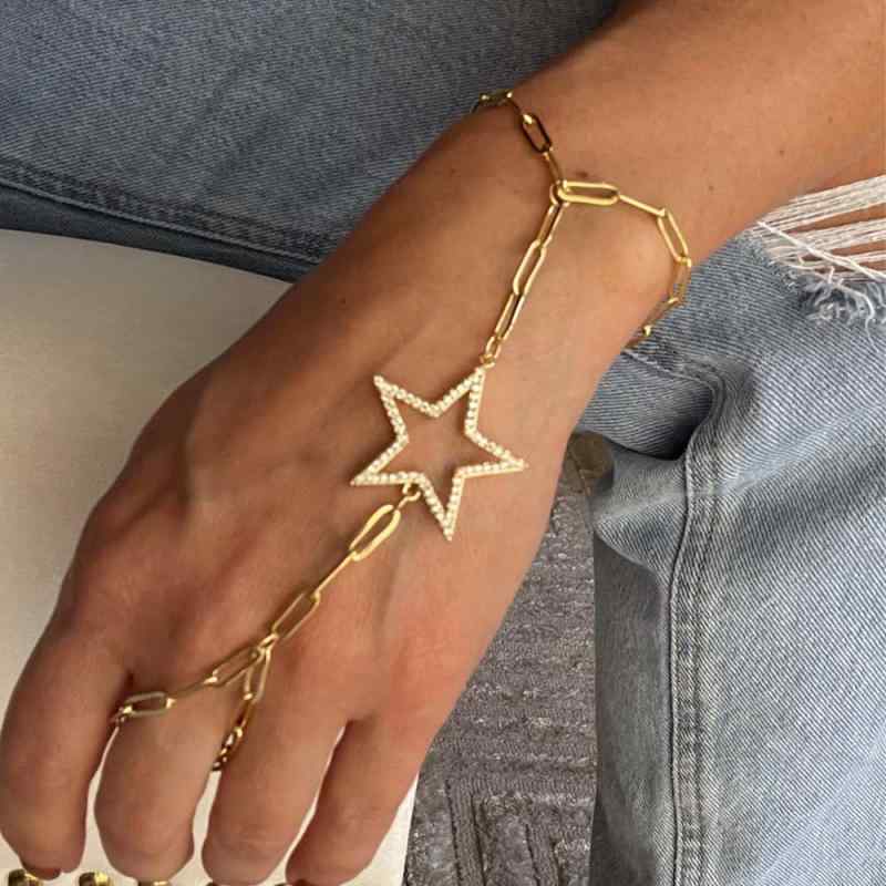 ブレスレット レディース ハンドチェーン フィンガー スター 星 透かし彫り ラインストーン ジルコニア シルバー ゴールド シンプル 秋冬 電気メッキ加工 きれいめ 通勤 パーティー お呼ばれ 高級感 華奢