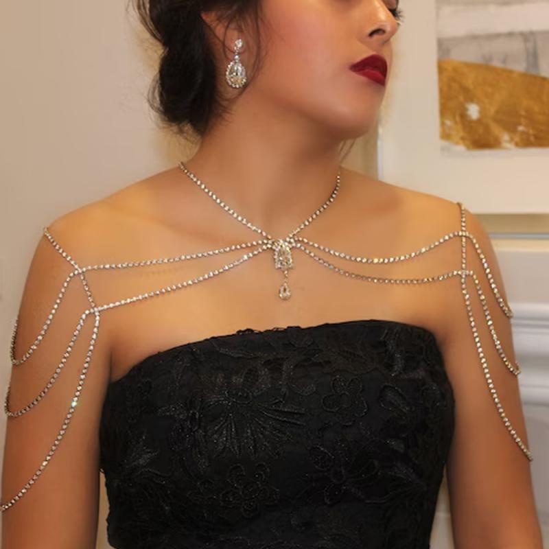 ボディチェーン レディース ショルダー 肩飾り ジュエリー 高級感 多層 キラキラ 華やか エレガント 電気メッキ加工 ラインストーン クリスタル ジルコニア ビジュー 結婚式 ウェディング パーティー ゴールド シルバー