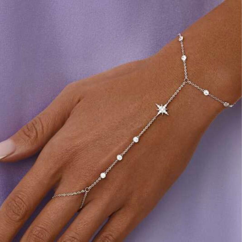 フィンガーブレスレット レディース 星モチーフ ラインストーン ジルコニア 腕輪 腕飾り 華奢 細身 輝き 上品 高級感 普段使い 通勤 結婚式 欧米風 アクセサリー シルバー ゴールド シンプル 電気メッキ加工 キラキラ 春夏