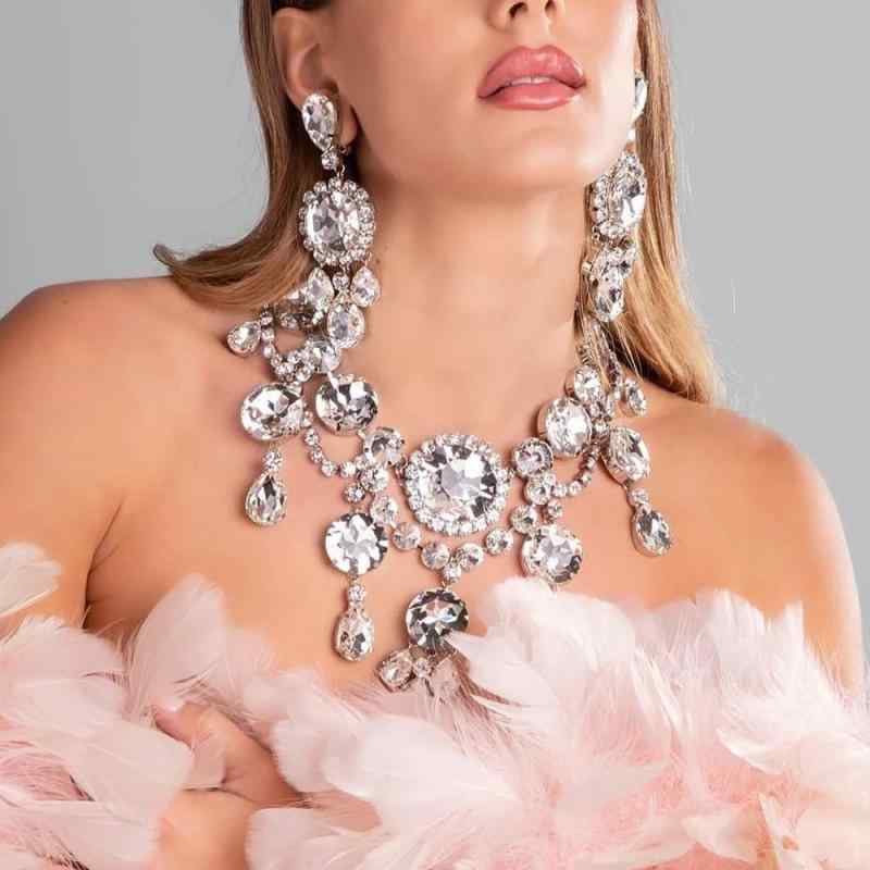 Hawaiian Jewelry - ネックレス レディース ピアス セット 大ぶり ラインストーン ビジュー ゴージャス 華やか キラキラ パーティー 結婚式 二次会 アクセサリー 個性的 ハート ドロップ 雫 春夏 シルバー ゴールド 高級感