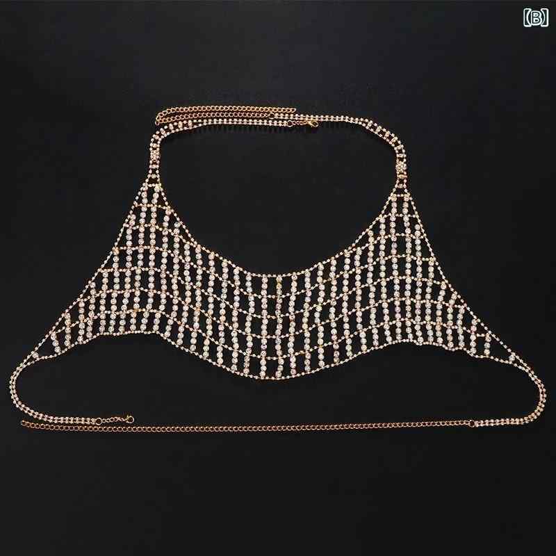 フロントップ楽天市場店のボディチェーン レディース ブラジャー ボディジュエリー アクセサリー ジュエリー ラインストーン ビジュー キラキラ メッシュ セクシー ナイトクラブ パーティー イベント ゴージャス ゴールド シルバー 電気メッキ加工 春夏｜アングル3