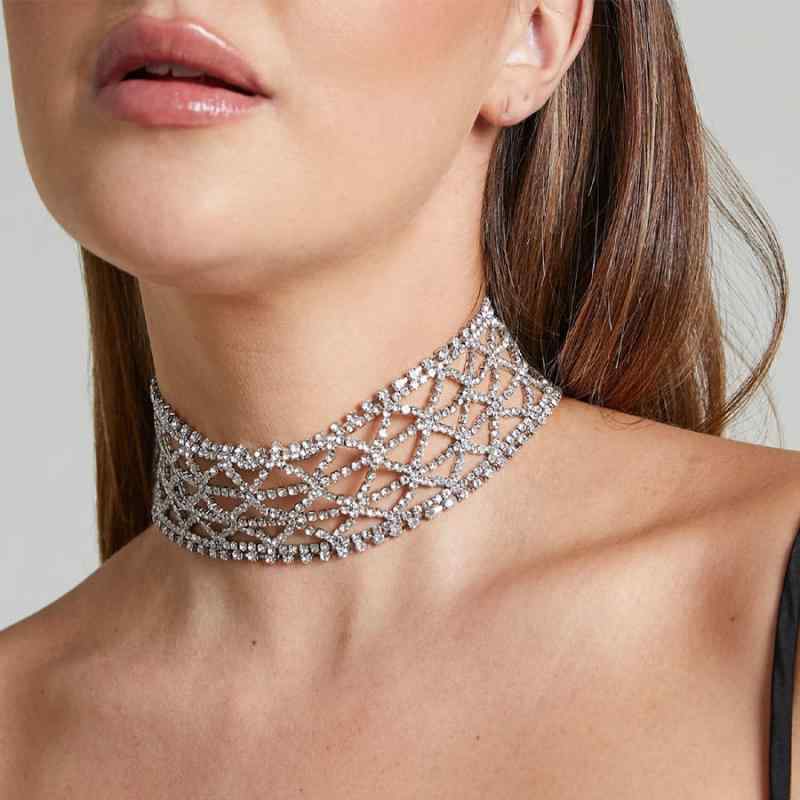 ネックレス レディース チョーカー アクセサリー ラインストーン ビジュー キラキラ メッシュ 幾何学 電気メッキ加工 シルバー ゴールド 多層 重ね付け風 華やか 高級感 かわいい おしゃれ パーティー 二次会