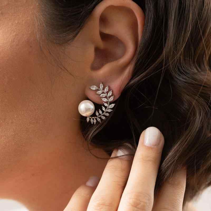ピアス レディース 結婚式 パーティー ブライダル パール ジルコニア リーフ 葉 ボタニカル ジュエリー..