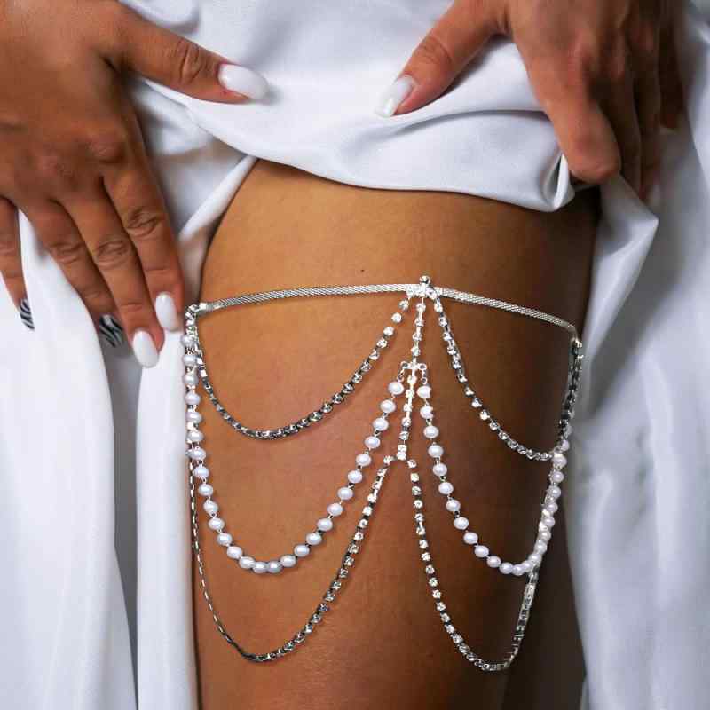 レッグチェーン レディース ボディチェーン 脚用ジュエリー ラインストーン パール 多層 ビジュー キラキラ 個性的 高級感 華やか ステージ衣装 ダンス パーティー シルバー ゴールド 電気メッキ加工 太もも 春夏