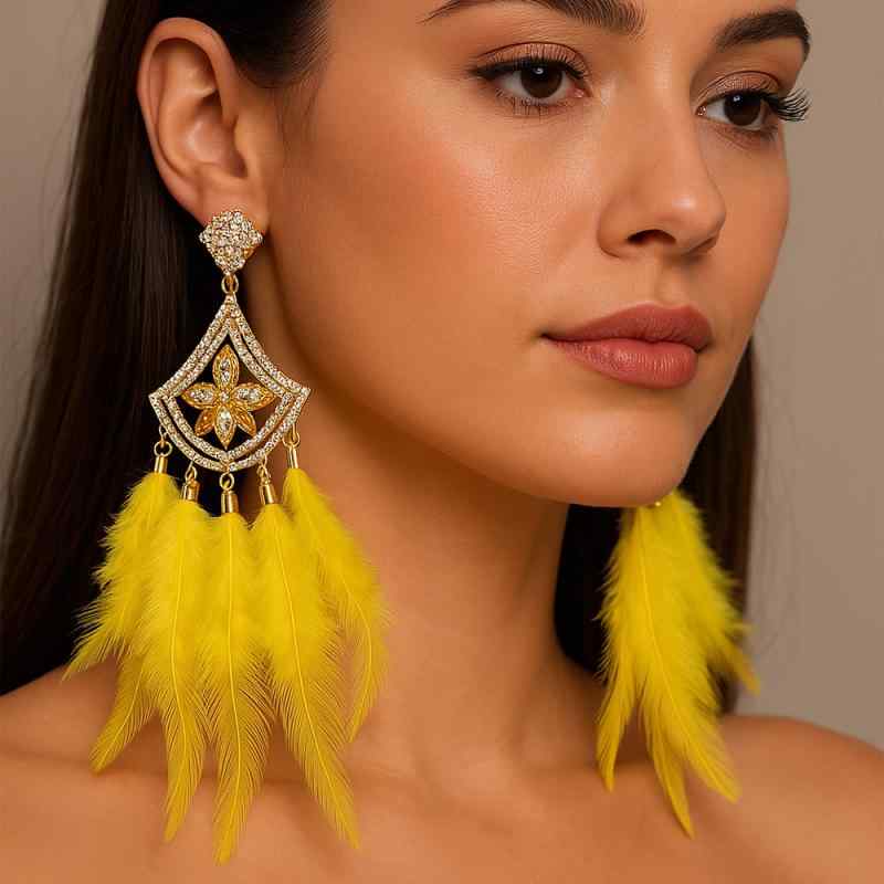 ピアス レディース 耳飾り 羽根 フェザー カラフル ラインストーン 電気メッキ加工 幾何学 タッセル 揺..