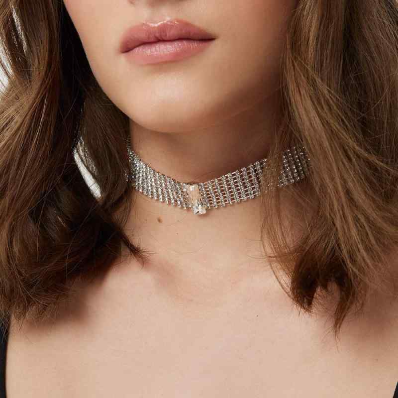 ネックレス レディース チョーカー ラインストーン 多排 スクエア 四角 幾何学 鎖骨チェーン ジルコニア 高級感 アクセサリー シルバー ゴールド 通勤 パーティー 結婚式 華やか おしゃれ 首飾り 上品 エレガント キラキラ
