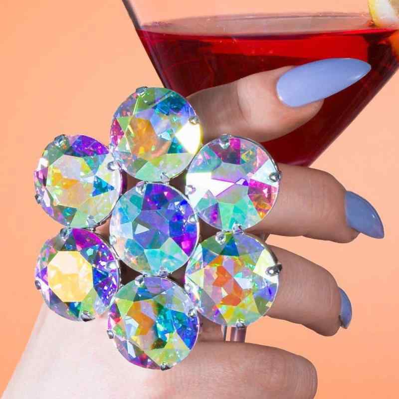 指輪 レディース フラワー 花 ラインストーン ビジュー ジルコニア フリーサイズ オープンリング アクセサリー ジュエリー シルバー 電気メッキ加工 パーティー 結婚式 二次会 ホワイト マルチカラー 華やか 個性的 かわいい 輝き