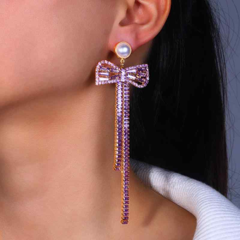 ピアス レディース リボン フリンジ ジルコニア パープル シルバー ゴールド 揺れる アクセサリー ロン..
