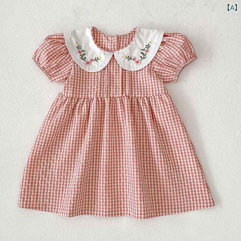 ワンピース キッズ 女の子 ベビー 半袖 Aライン チェック柄 刺繍襟 フラワー 綿素...