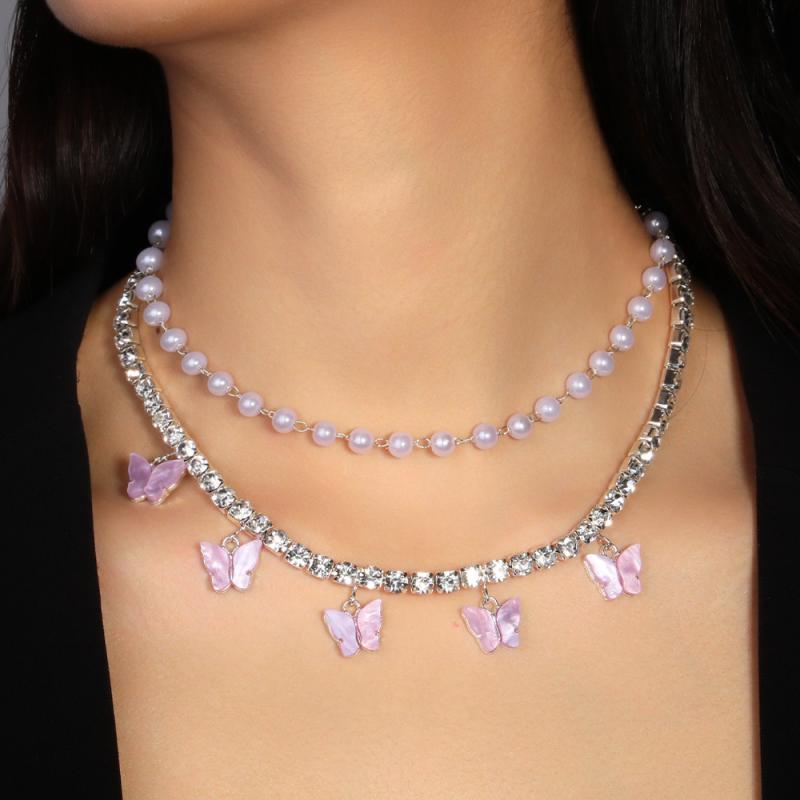 ネックレス レディース バタフライ 蝶 チョーカー 鎖骨チェーン ラインストーン パール 電気メッキ加工..