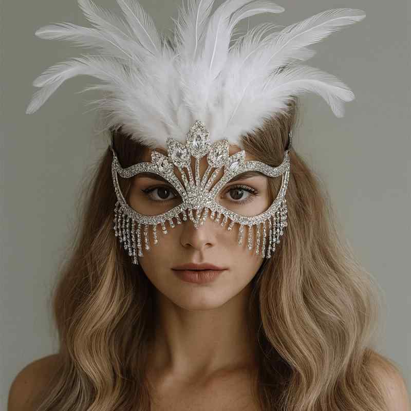 仮面 メンズ レディース マスク 羽根 フェザー ラインストーン ジルコニア 電気メッキ加工 フリンジ 銅..