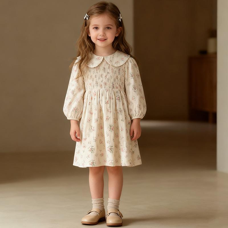 ワンピース 女の子 ベビー キッズ 子供服 女の子用 春秋 長袖 小花柄 フレンチスタイル シャーリング Aライン コットン 綿 柔らかい 素材 吸湿速乾 通気性 お出かけ着 普段使い 通園 おしゃれ かわいい ガーリー 韓国フ