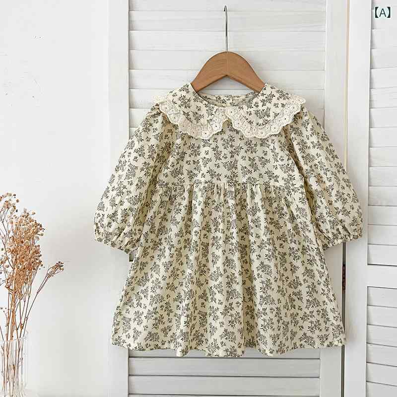 ワンピース 女の子 キッズ ベビー 長袖 小花柄 総柄 丸襟 襟 綿 コットン 天然素材 Aライン フレア 春秋 カジュアル かわいい お出かけ 通園 普段使い 柔らかい 吸湿性 通気性 伸縮性 韓国 子供服
