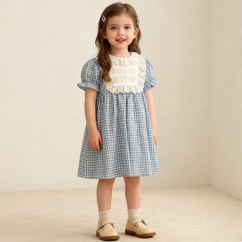 ワンピース 女の子 キッズ ベビー 春夏 半袖 チェック柄 レース襟 フリル襟 Aライン コットン 綿 韓国子供服 カジュアル かわいい 柔らかい 通気性 快適 吸湿性 子供服 女の子 スカート 通園 お出かけ