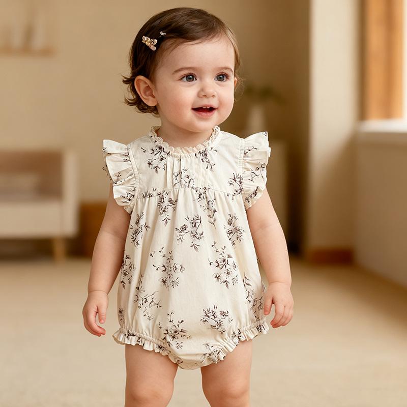 ロンパース 男の子 女の子 ベビー服 カバーオール ボディスーツ 春夏 ノースリーブ 袖なし 小花柄 レース フリル 綿 コットン 柔らかい 薄手 通気性 前開き 股下スナップ 赤ちゃん 新生児 散歩 お出かけ デイリー