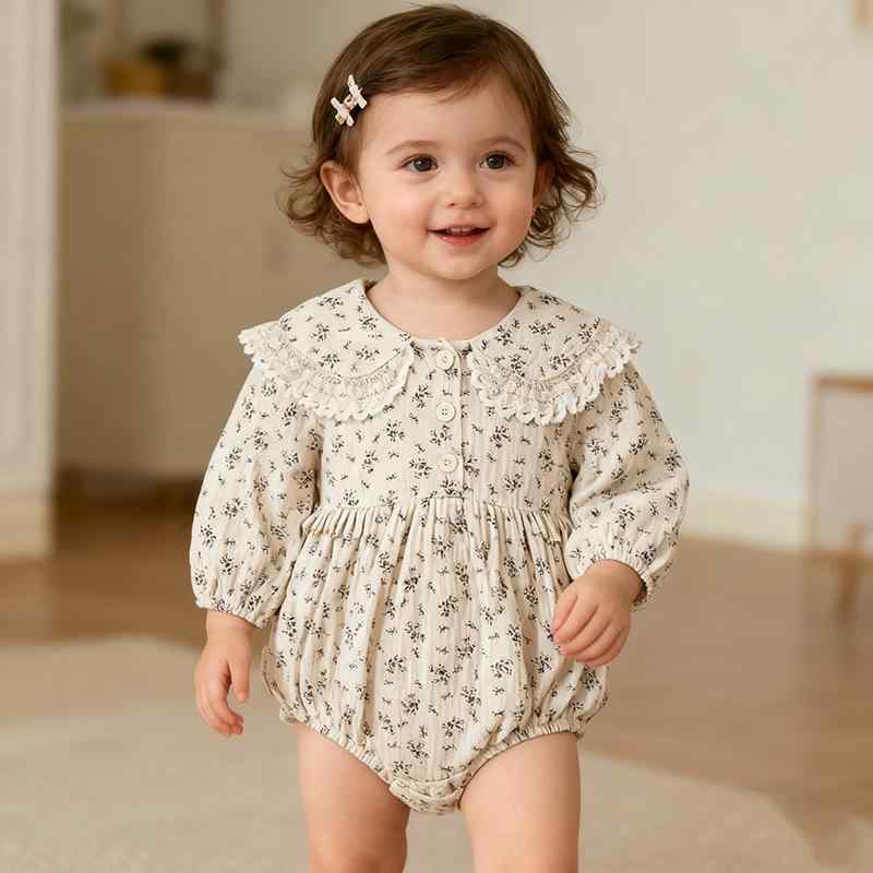 ロンパース 男の子 女の子 ベビー 赤ちゃん 綿 春秋 長袖 韓国 小花柄 丸襟 前開き スナップボタン カ..