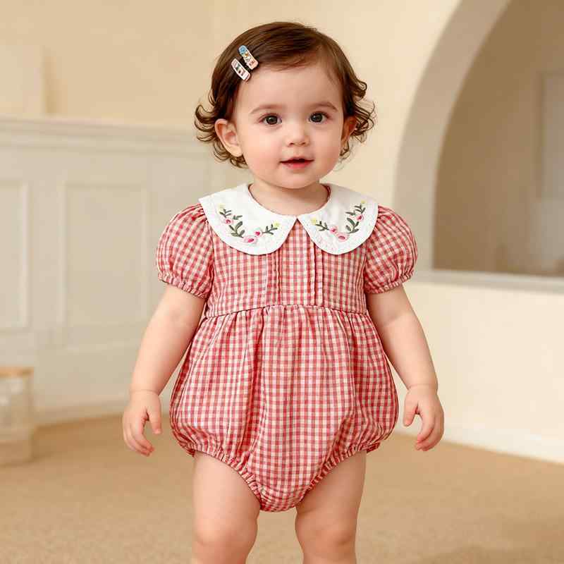 ロンパース ベビー 女の子 春夏 半袖 チェック柄 格子 刺繍襟 コットン 綿 赤ちゃん服 カバーオール ボ..