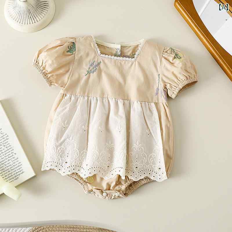 ロンパース ベビー 男の子 女の子 春夏 半袖 赤ちゃん 綿 コットン 刺繍 小花柄 エ...
