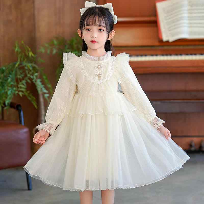 ワンピース 女の子 キッズ 子供服 長袖 春秋 プリンセスドレス チュール レース 膝丈 お誕生日 結婚式 発表会 フォーマル 清楚 上品 かわいい 高級感 綿 コットン ポリエステル 裏地 柔らかい 杏 ベージュ