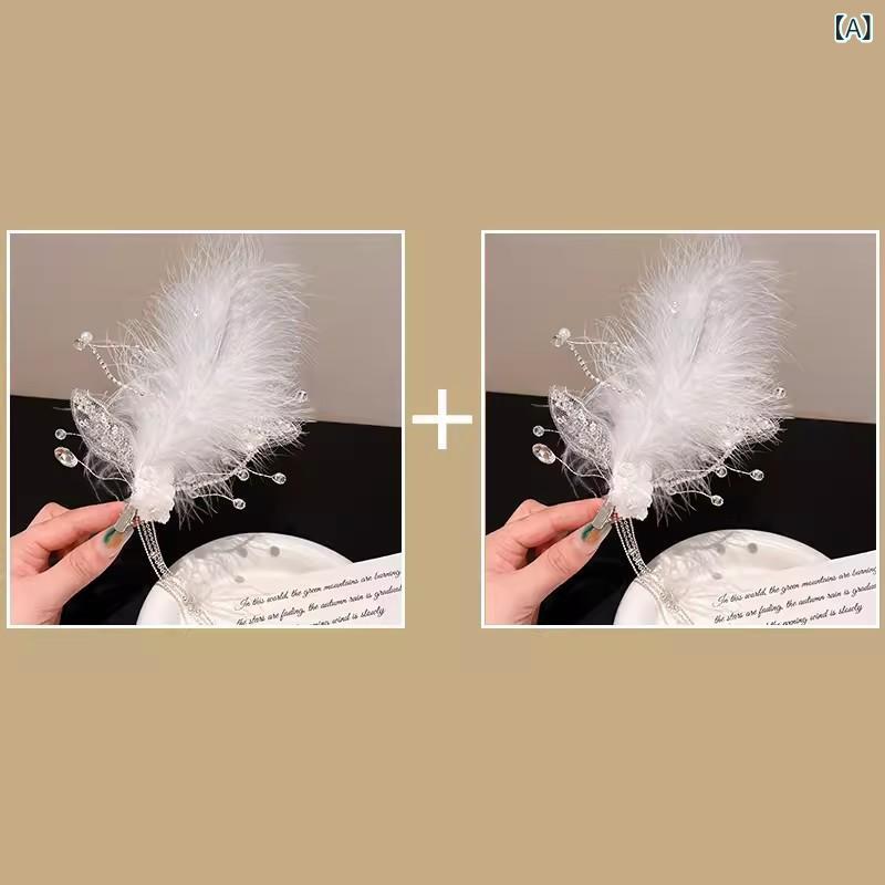 髪飾り 女の子 キッズ ヘッドドレス 羽根 フェザー 揺れる タッセル クリスタル 水晶 クリップ パッチン留め ハンドメイド 白 華やか 高級感 秋冬 フェアリー ファー 結婚式 七五三 発表会