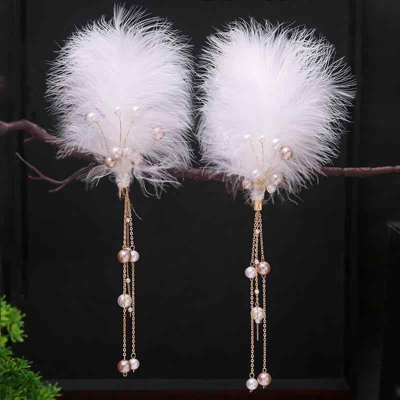 ヘアアクセサリー レディース 髪飾り 中華風 古風 羽根 フェザー フリンジ タッセル ヘアクリップ サイドクリップ 揺れる 幻想的 かわいい 和装 着物 浴衣 卒業式 成人式 結婚式 清楚 上品 ホワイト アイボリー 白 ふわふわ