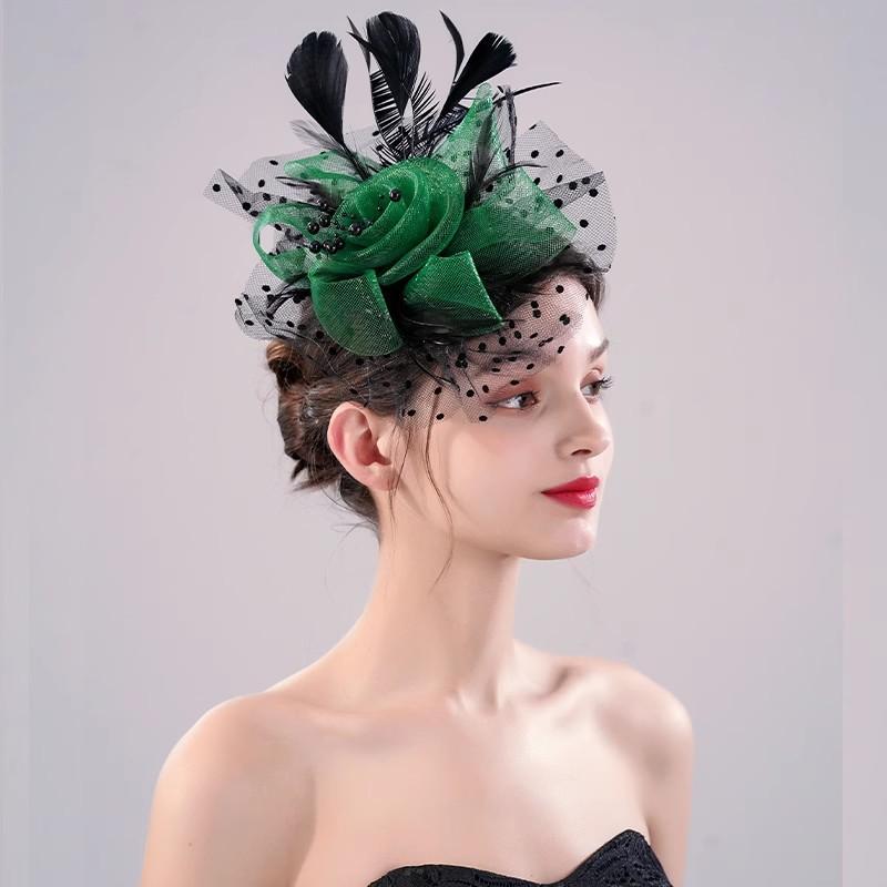髪飾り レディース ヘッドドレス トーク帽 カクテルハット ヘアクリップ フェザー チュール フラワー ビーズ レトロ アンティーク調 欧米風 ウェディング 結婚式 パーティー チャイナドレス 黒 白 緑 ハンドメイド