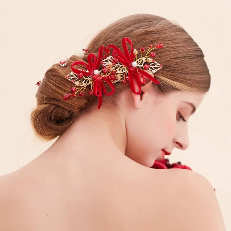 ヘアアクセサリー レディース 髪飾り 韓国 ハンドメイド ビーズ ゴールド リーフ 蝶結び リボン バタフ..