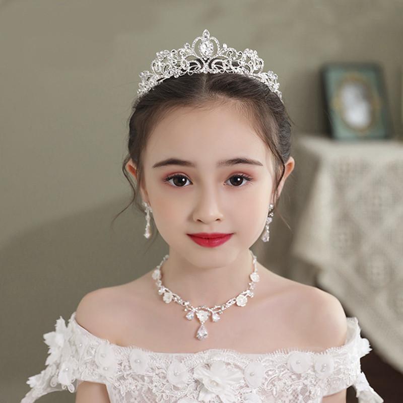 カチューシャ キッズ 女の子 子供 ヘアアクセサリー ティアラ 王冠 クラウン ネックレス イヤリング シルバー 発表会 結婚式 パーティー 電気メッキ加工 合金 ラインストーン ビジュー パール プリンセス お姫様 髪飾り かわいい