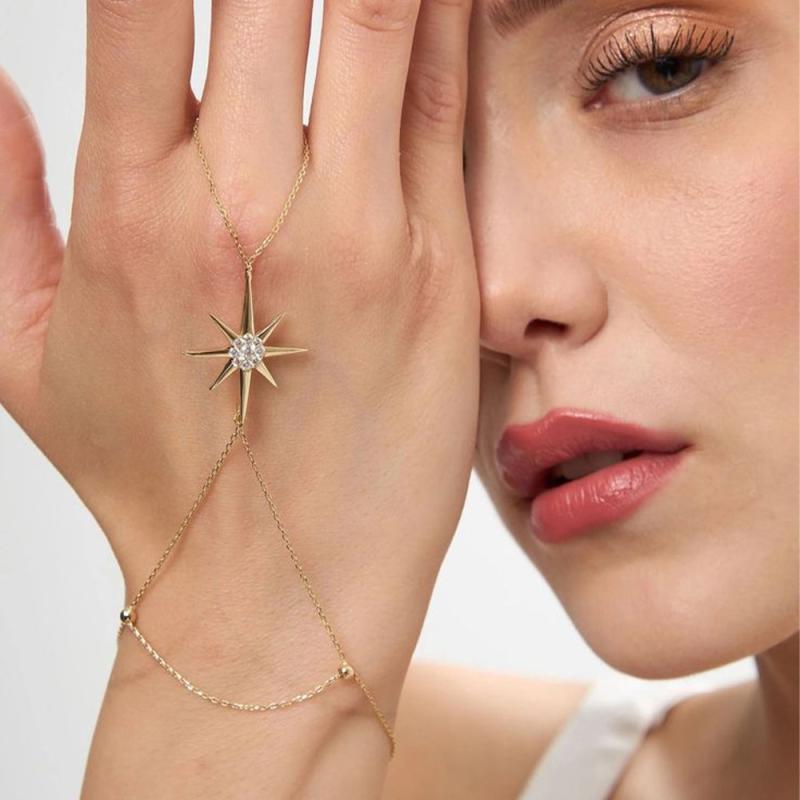 ブレスレット メンズ レディース フィンガー 一体型 腕輪 指輪 六芒星 スター ラインストーン ジルコニア 電気メッキ加工 銀 金 通勤 普段使い 結婚式 秋冬 フリーサイズ アクセサリー ジュエリー 高級感 かわいい